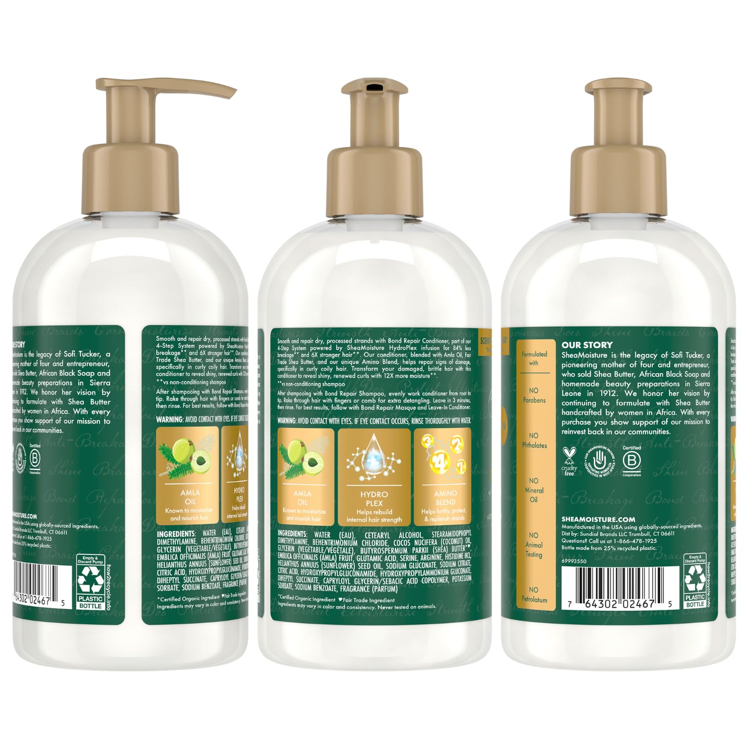 SheaMoisture Bond Repair Shampoo, Conditioner & Leave-In Bundle – Amla Oil Treatment for Dry, Damaged Hair, Anti-Frizz Products for Curly Hair